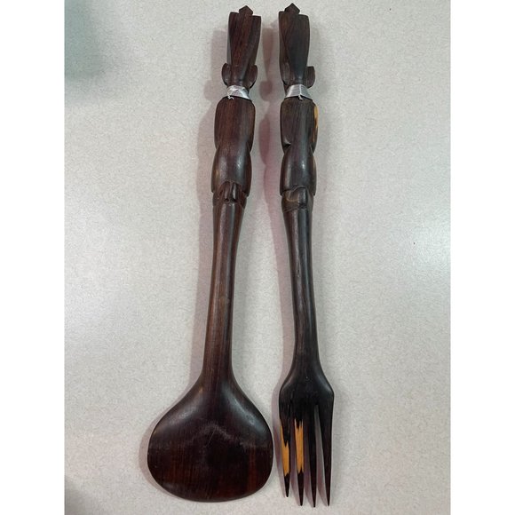 Hand Carved Wood Salad Spoon Fork Server Set African ? Ironwood - Picture 7 of 9